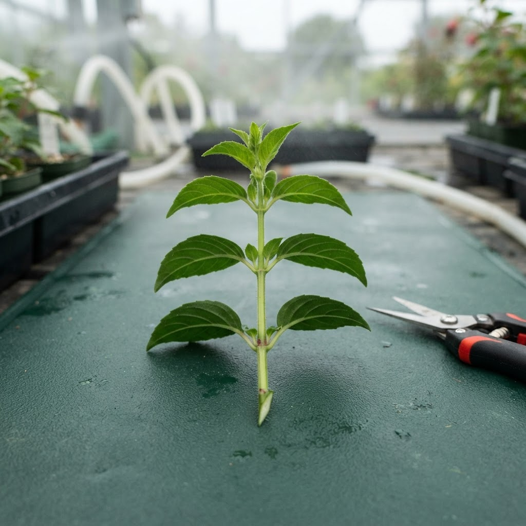 A healthy fuchsia stem cutting prepared with a clean cut beneath a node