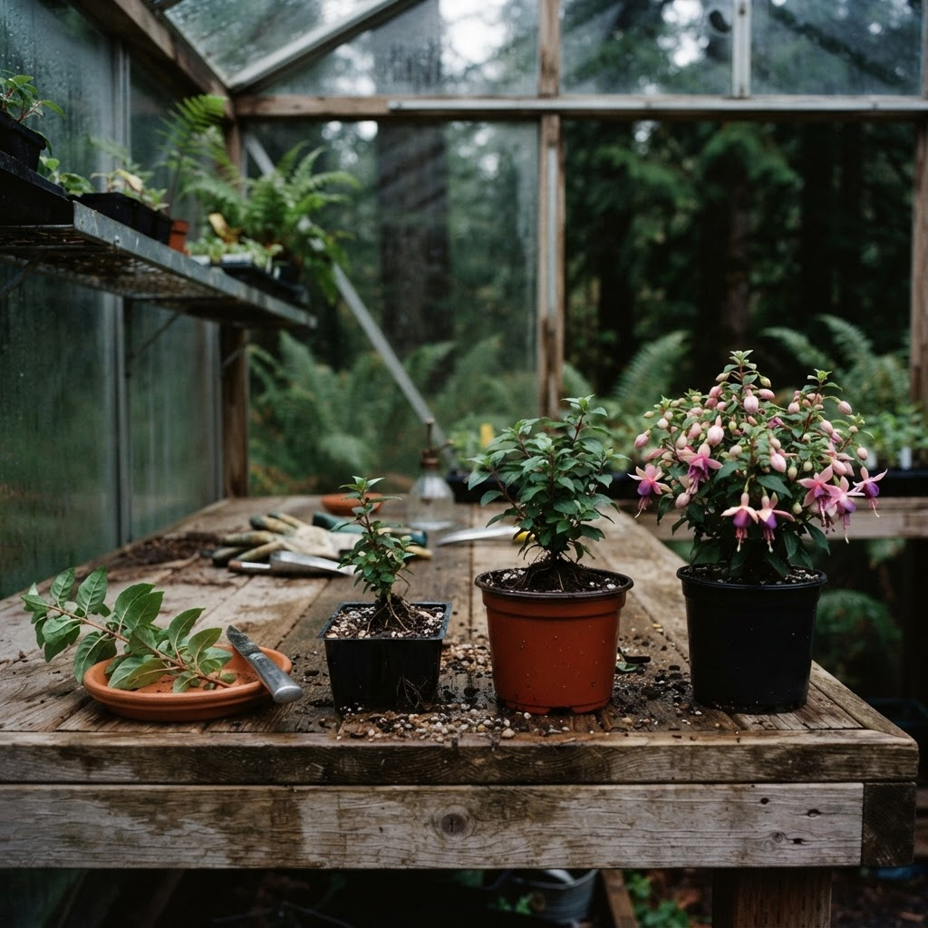 Fuchsia propagation stages from fresh cutting to flowering four-inch plant
