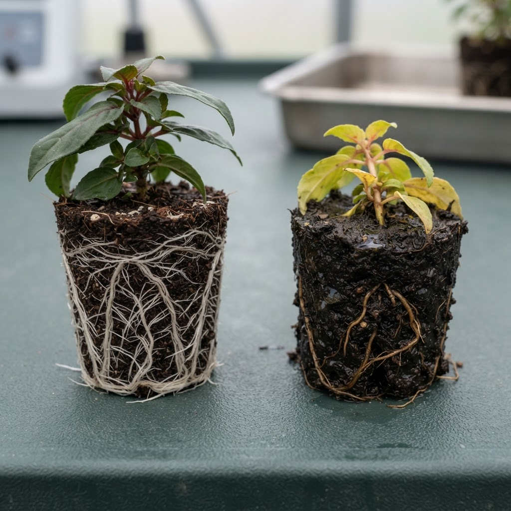 Side-by-side comparison of healthy white fuchsia roots and unhealthy brown waterlogged roots